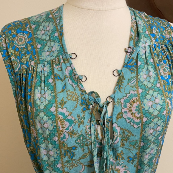 FREE PEOPLE Blue Boho Floral Print Crinkle Maxi Dress Teal Hanalei Bay - Picture 8 of 16